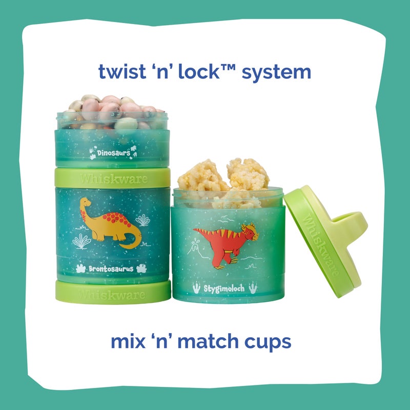 Whiskware Dinosaur Stackable Snack Containers for Kids and Toddlers, 3 Stackable Snack Cups for School and Travel, Green/Blue - Image 2