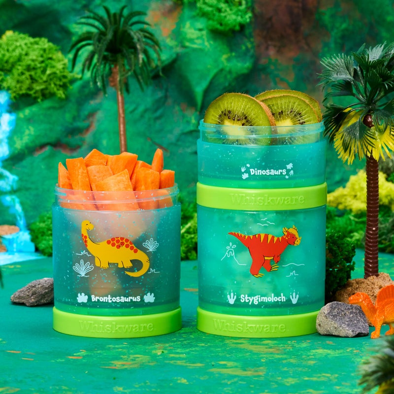 Whiskware Dinosaur Stackable Snack Containers for Kids and Toddlers, 3 Stackable Snack Cups for School and Travel, Green/Blue - Image 4