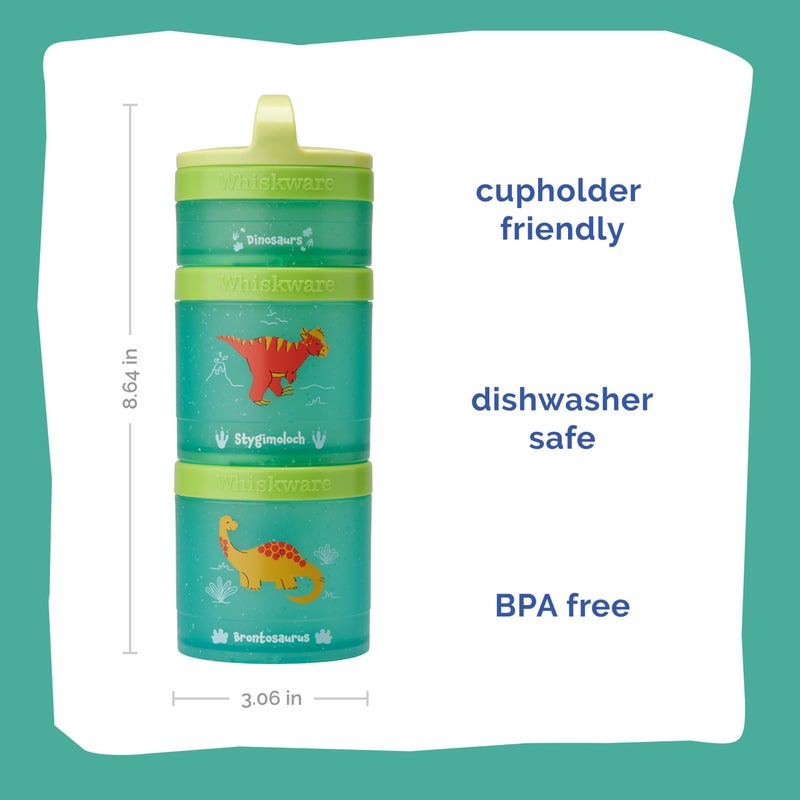 Whiskware Dinosaur Stackable Snack Containers for Kids and Toddlers, 3 Stackable Snack Cups for School and Travel, Green/Blue - Image 1