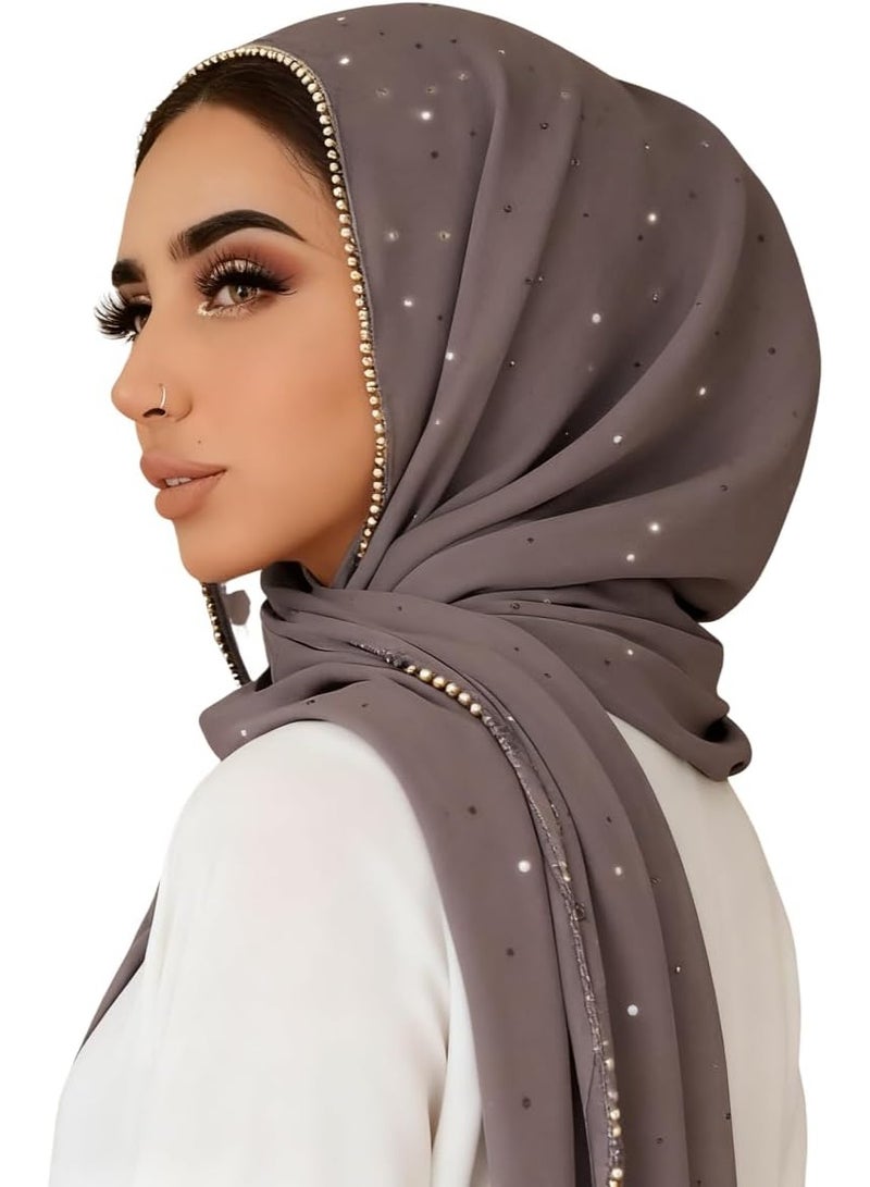 2Pcs Grey Rhinestone Pearl Chiffon Hijab Scarf 180x70cm, Sparkling Gold Beaded Trim Muslim Women Head Wrap for Worship Wedding Daily Wear - Image 5