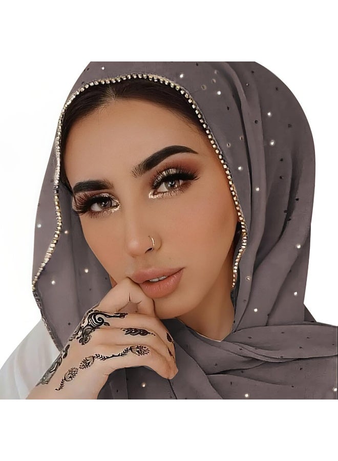 2Pcs Grey Rhinestone Pearl Chiffon Hijab Scarf 180x70cm, Sparkling Gold Beaded Trim Muslim Women Head Wrap for Worship Wedding Daily Wear - Image 1