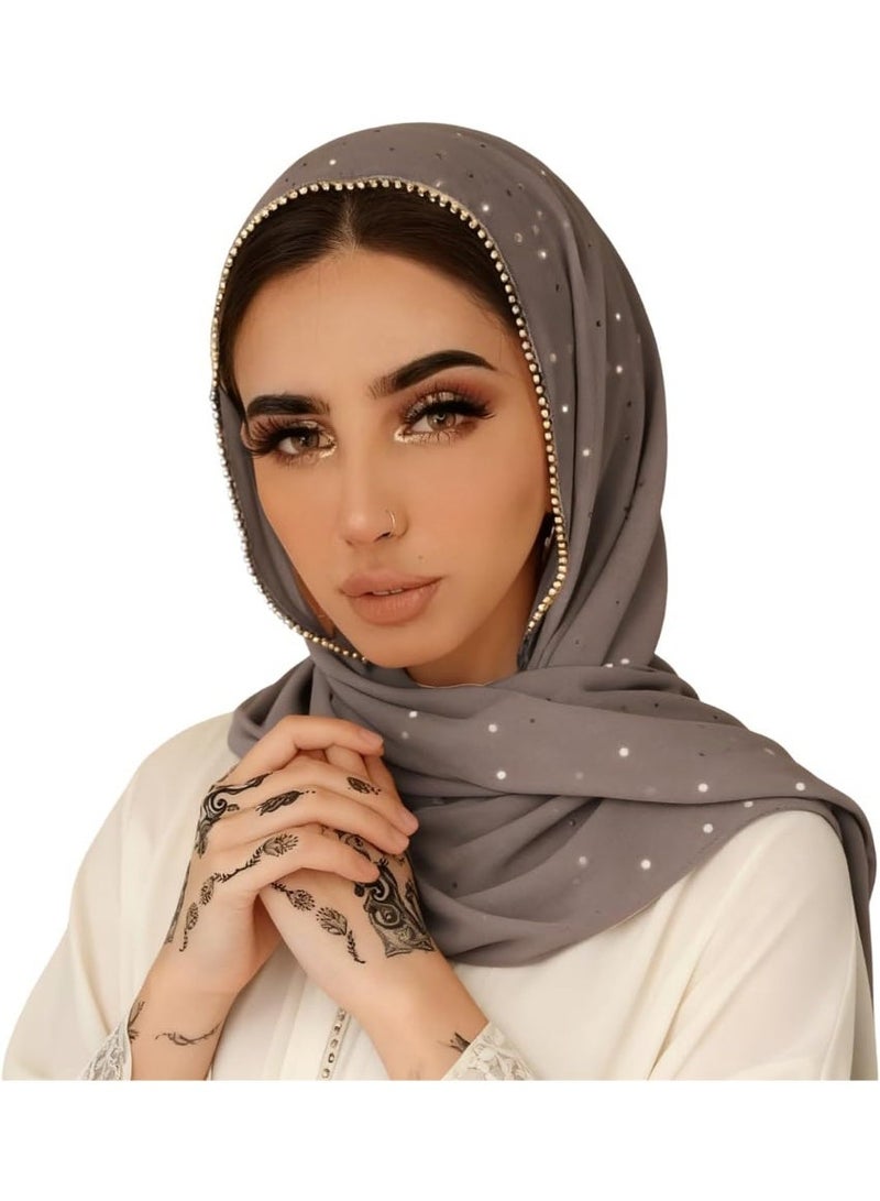 2Pcs Grey Rhinestone Pearl Chiffon Hijab Scarf 180x70cm, Sparkling Gold Beaded Trim Muslim Women Head Wrap for Worship Wedding Daily Wear - Image 2