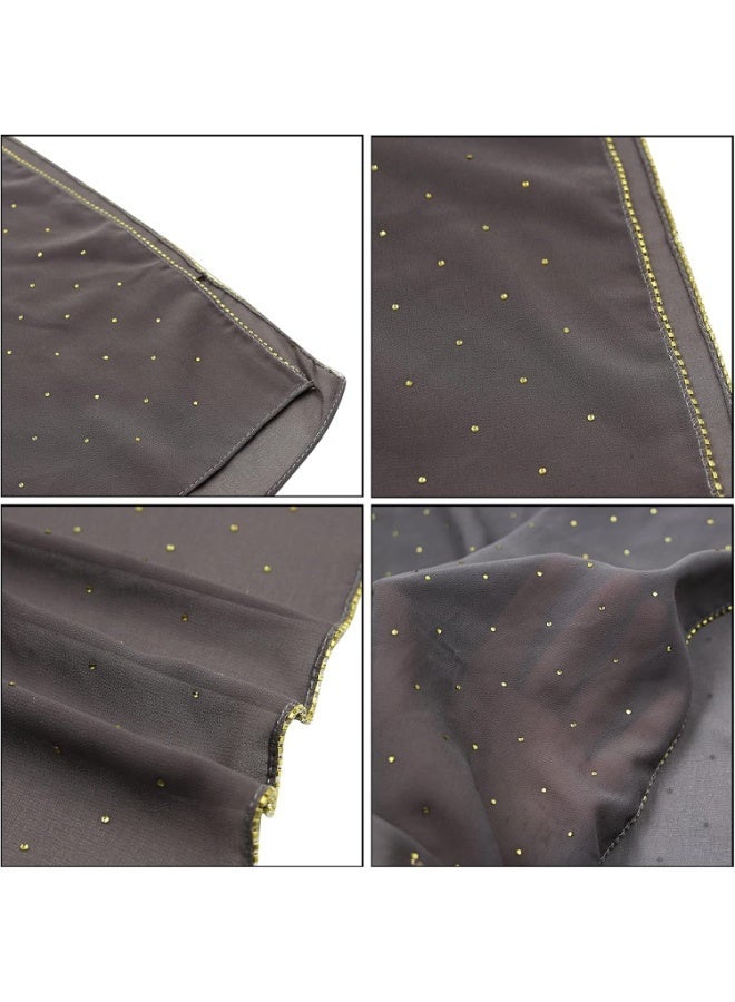 2Pcs Grey Rhinestone Pearl Chiffon Hijab Scarf 180x70cm, Sparkling Gold Beaded Trim Muslim Women Head Wrap for Worship Wedding Daily Wear - Image 3