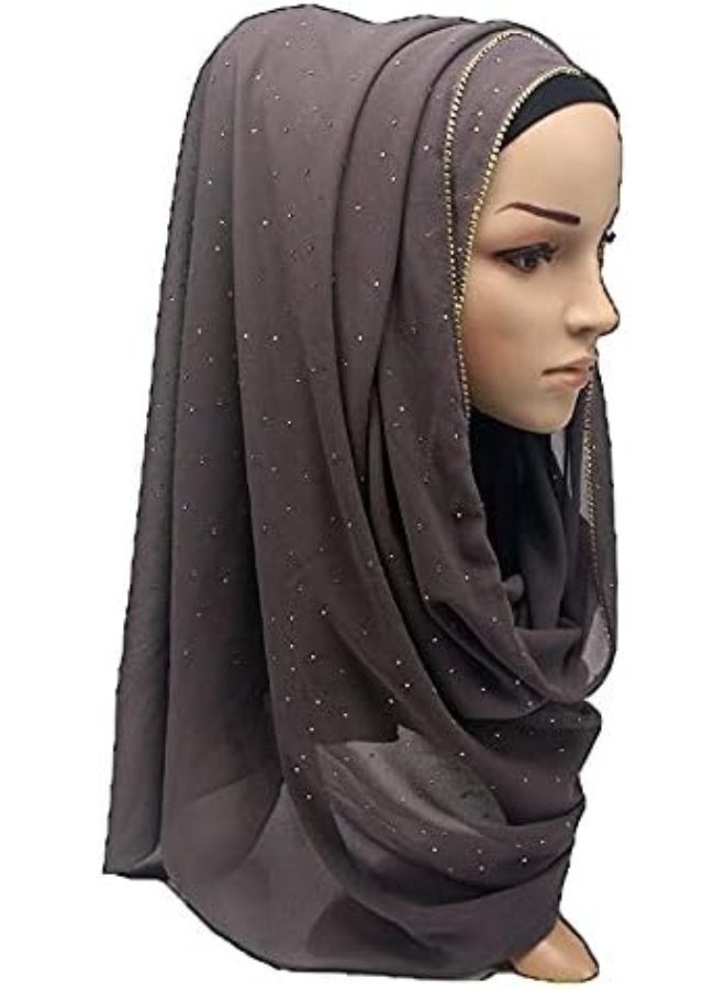 2Pcs Grey Rhinestone Pearl Chiffon Hijab Scarf 180x70cm, Sparkling Gold Beaded Trim Muslim Women Head Wrap for Worship Wedding Daily Wear - Image 4