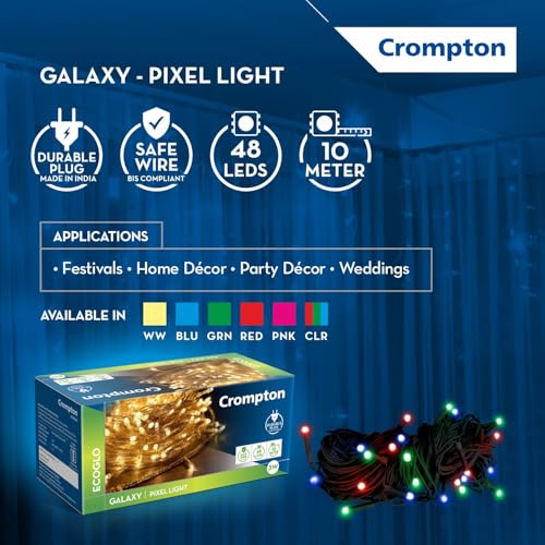 Crompton Galaxy Pixel Light | Festive Ladi Lights | 10 Meter | 48 LEDs | Multi-Colour | Pack of 6 | Direct 2-pin Plug | BIS Safe Wire | for Home Decoration, Diwali, Festival, Birthday, Marriage - Image 3