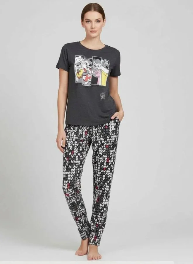 HAWRAA ABAYA Modern Pattern Cartoon Print Pajama Set - Grey