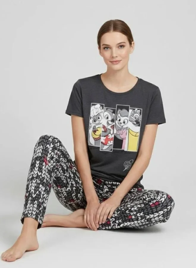 HAWRAA ABAYA Modern Pattern Cartoon Print Pajama Set - Grey