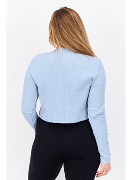 The Giving Movement Women Round Neck Textured Cardigan, Light Blue  - Image 3