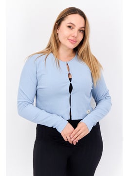 The Giving Movement Women Round Neck Textured Cardigan, Light Blue  - Image 1