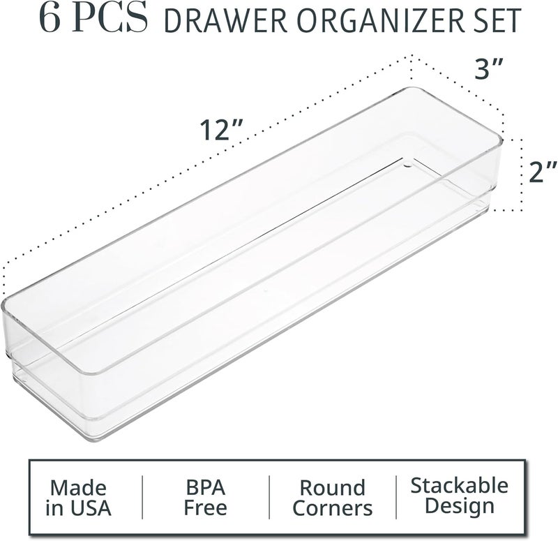 STORi SimpleSort 6-Piece Stackable Clear Drawer Organizer Set | 12" x 3" x 2" Rectangle Trays | Narrow Makeup Vanity Storage Bins and Office Desk Drawer Dividers | Made in USA - Image 2