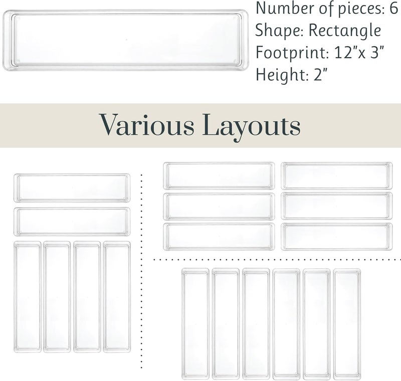 STORi SimpleSort 6-Piece Stackable Clear Drawer Organizer Set | 12" x 3" x 2" Rectangle Trays | Narrow Makeup Vanity Storage Bins and Office Desk Drawer Dividers | Made in USA - Image 5