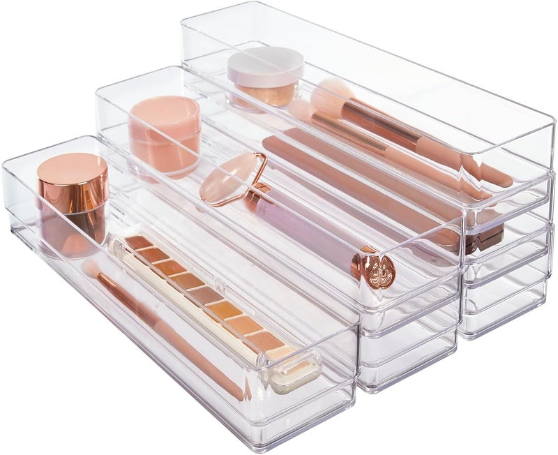 STORi SimpleSort 6-Piece Stackable Clear Drawer Organizer Set | 12" x 3" x 2" Rectangle Trays | Narrow Makeup Vanity Storage Bins and Office Desk Drawer Dividers | Made in USA - Image 1