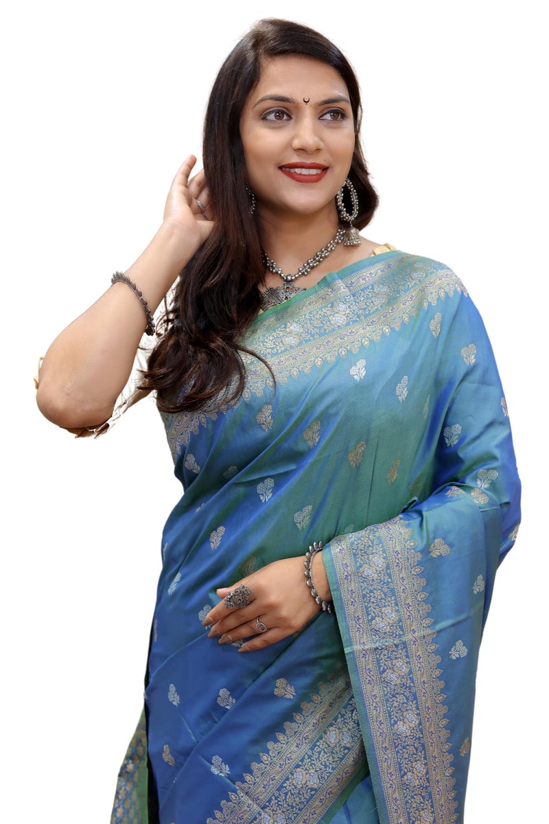 AMIRAT Women's Pure Kanjivaram Soft Silk Saree Banarasi Type With Blouse Piece (Teal) - Image 1