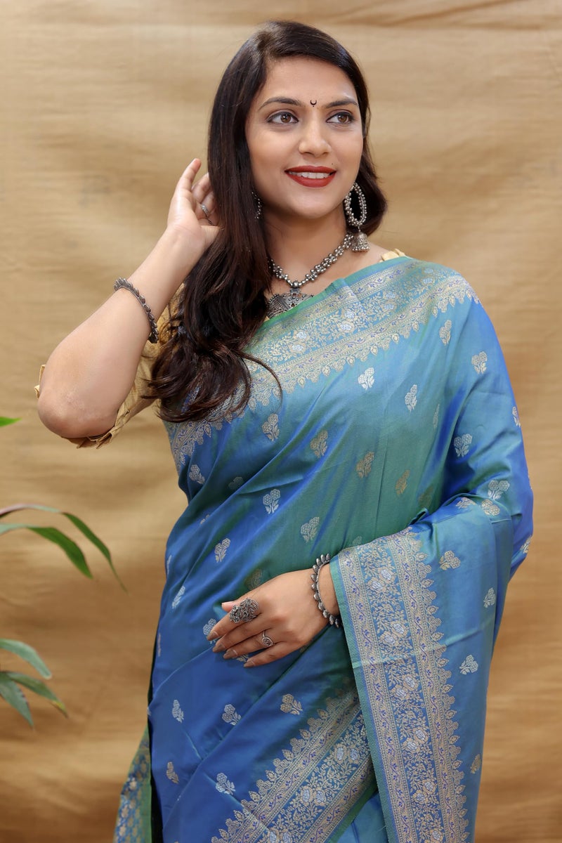 AMIRAT Women's Pure Kanjivaram Soft Silk Saree Banarasi Type With Blouse Piece (Teal) - Image 3
