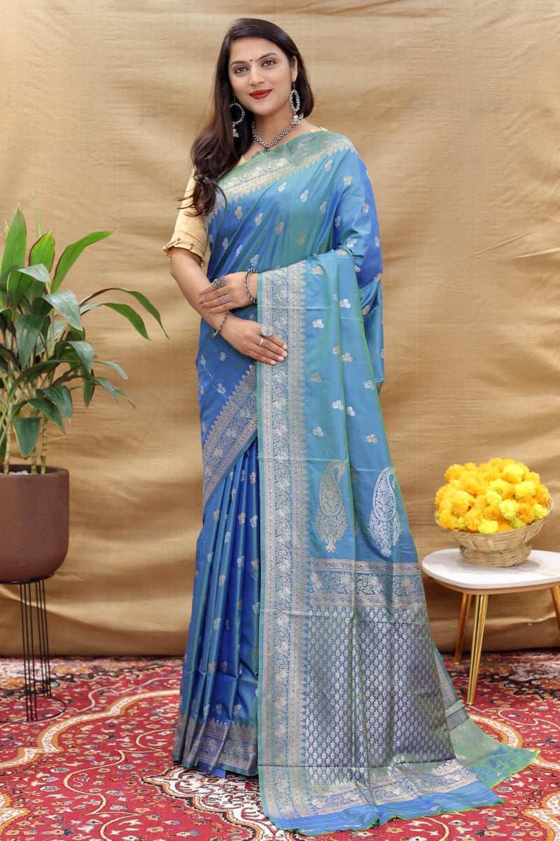 AMIRAT Women's Pure Kanjivaram Soft Silk Saree Banarasi Type With Blouse Piece (Teal) - Image 2