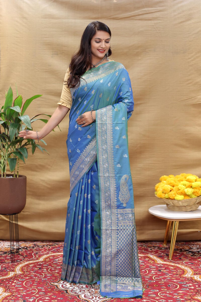 AMIRAT Women's Pure Kanjivaram Soft Silk Saree Banarasi Type With Blouse Piece (Teal) - Image 4