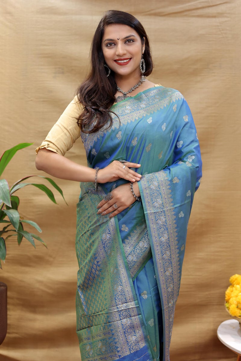 AMIRAT Women's Pure Kanjivaram Soft Silk Saree Banarasi Type With Blouse Piece (Teal) - Image 5