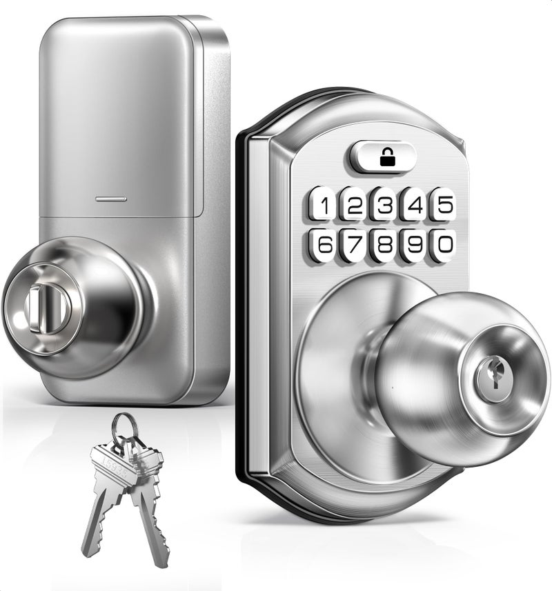 TEEHO TE003 Keyless Entry Keypad Door Lock with Handle, Electronic Digital Smart Deadbolt Locks with 2 Backup Keys, Door Knob with Code for Front Door Bedroom, Auto Lock, Easy to Install, Satin Nickel - Image 1