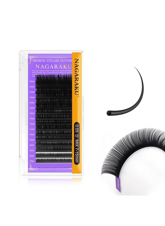 NAGARAKU - Eyelash Extensions 0.05Mm D Curl 7-15Mm Mix Tray Individual Lashes Classic Matte Black Faux Mink 16 Rows Professional Beauty Salon Supplies - Image 1