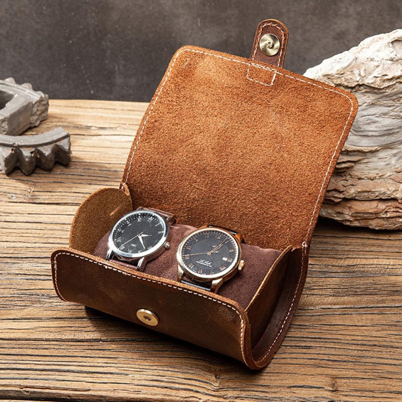 Vintage Distressed Brown Leather Watch Case Holder 2 Slots Travel Organizer - Image 5