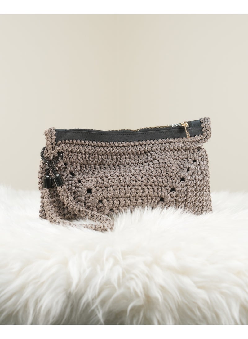 RandSac Gray Crochet Handbag with Leather Zip Closure, Decorative Zipper Pull, and Crochet Handle
