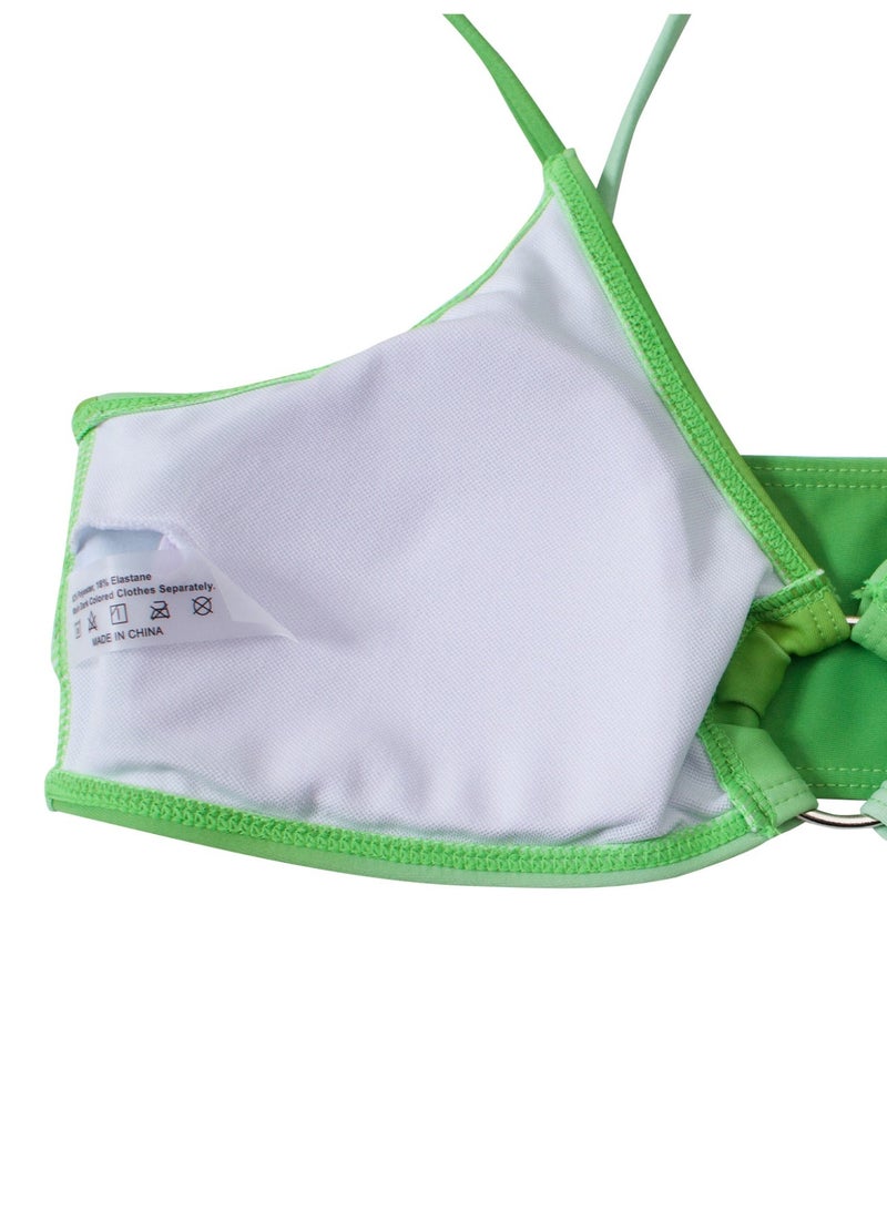Women's 3 Piece Light Green Ombre Bikini Set, O-Ring Front Triangle Bikini + High Cut Bottom + Side Ruched Sheer Mesh Cover Up Skirt - Image 3