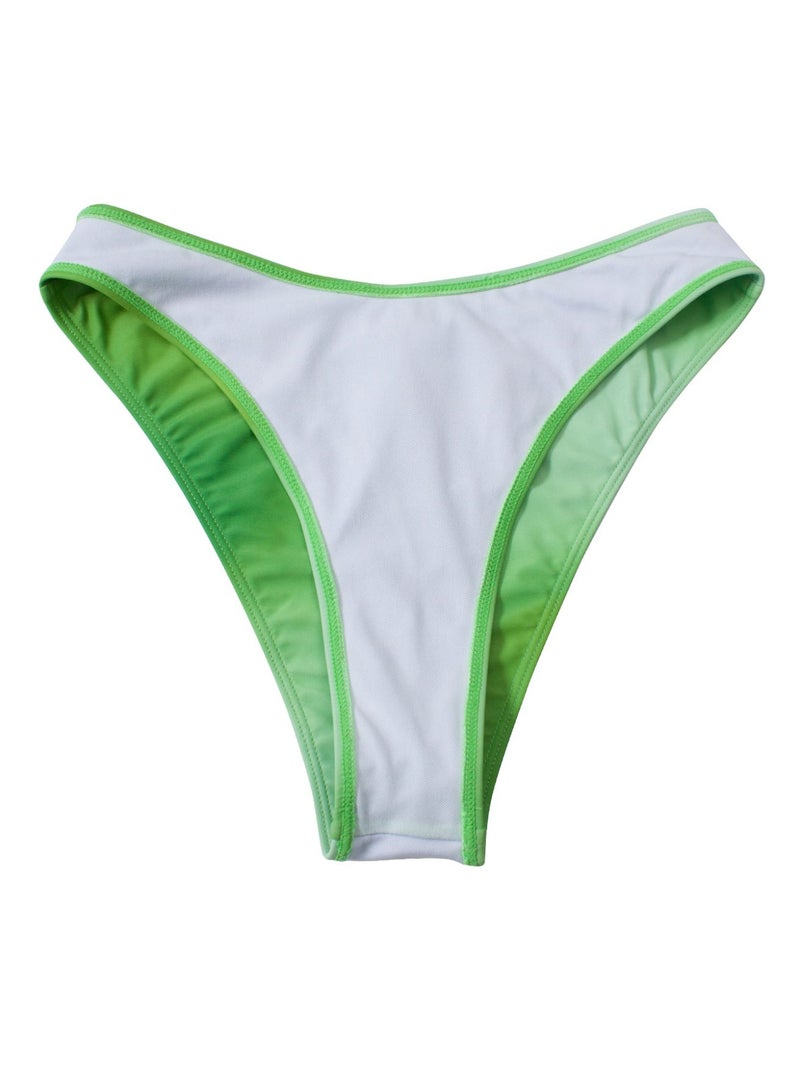 Women's 3 Piece Light Green Ombre Bikini Set, O-Ring Front Triangle Bikini + High Cut Bottom + Side Ruched Sheer Mesh Cover Up Skirt - Image 2