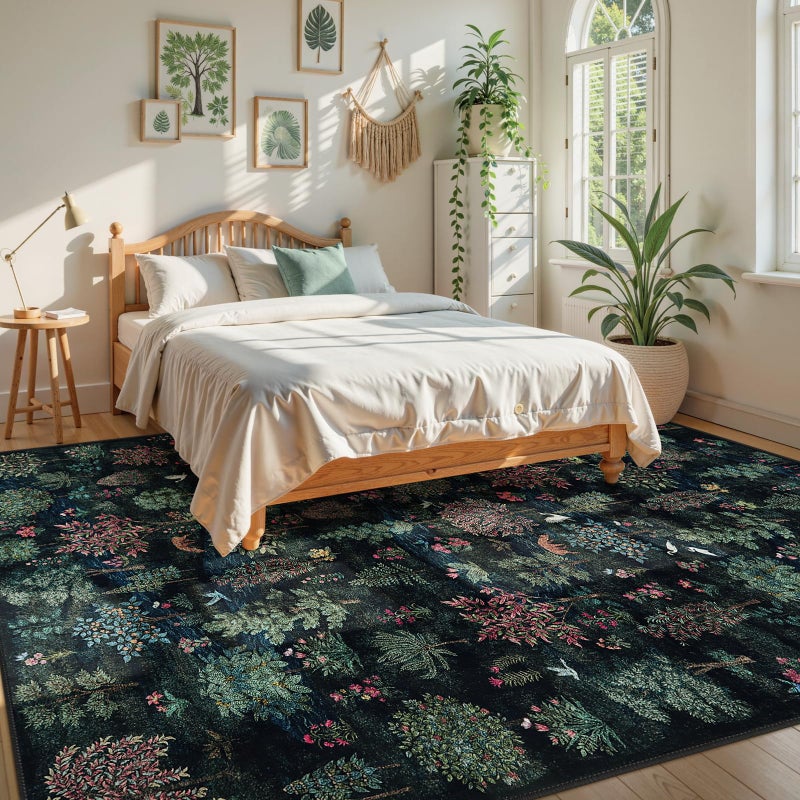 Beeiva 8x10 Rugs for Living Room, Dark Green Large Vintage Forest 8x10 Area Rugs for Bedroom, Soft Low Pile Stain Resistant Botanical Washable Rug Carpet for Playroom Home DÃ©cor(Dark Green,8x10ft - Image 2