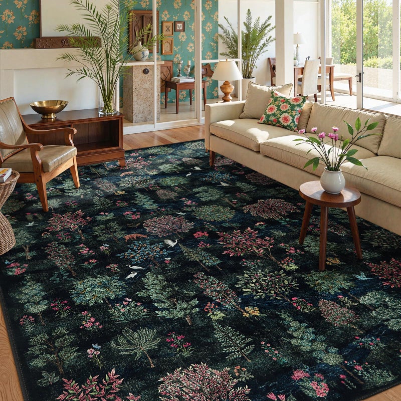 Beeiva 8x10 Rugs for Living Room, Dark Green Large Vintage Forest 8x10 Area Rugs for Bedroom, Soft Low Pile Stain Resistant Botanical Washable Rug Carpet for Playroom Home DÃ©cor(Dark Green,8x10ft - Image 1
