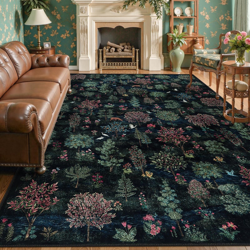 Beeiva 8x10 Rugs for Living Room, Dark Green Large Vintage Forest 8x10 Area Rugs for Bedroom, Soft Low Pile Stain Resistant Botanical Washable Rug Carpet for Playroom Home DÃ©cor(Dark Green,8x10ft - Image 3