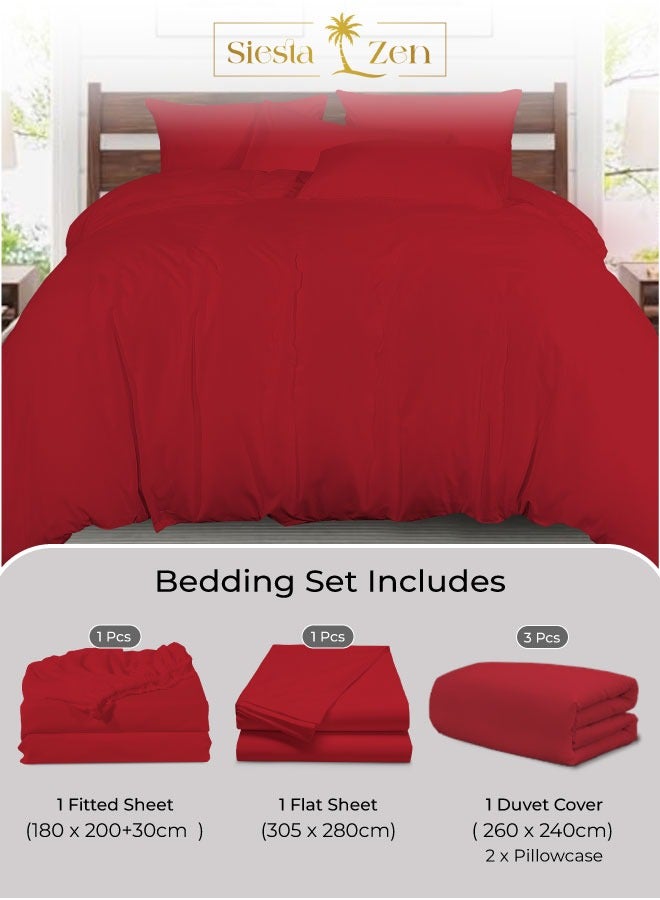 القيلولة زين طقم سرير كينج من سييستا زين – 1 ملاءة مطاطية، 1 ملاءة مسطحة، 1 غطاء لحاف و أغطية وسائد | ناعم للغاية، متين ومريح | لون أحمر أنيق | جودة فندقية - Image 1