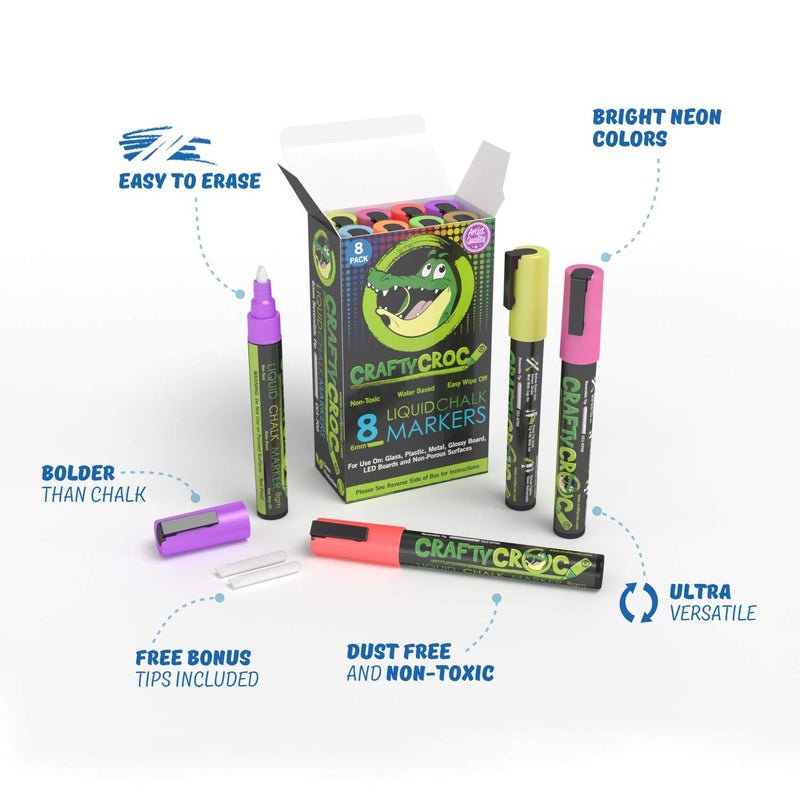 Crafty Croc Liquid Chalk Markers for Blackboards - Use as Glass Window Markers, Mirror Pens, Blackboard or Chalkboard Markers - 8 Bold Neon Colors - Wet or Dry Erase Chalk Pens for Easy Clean Up - Image 2