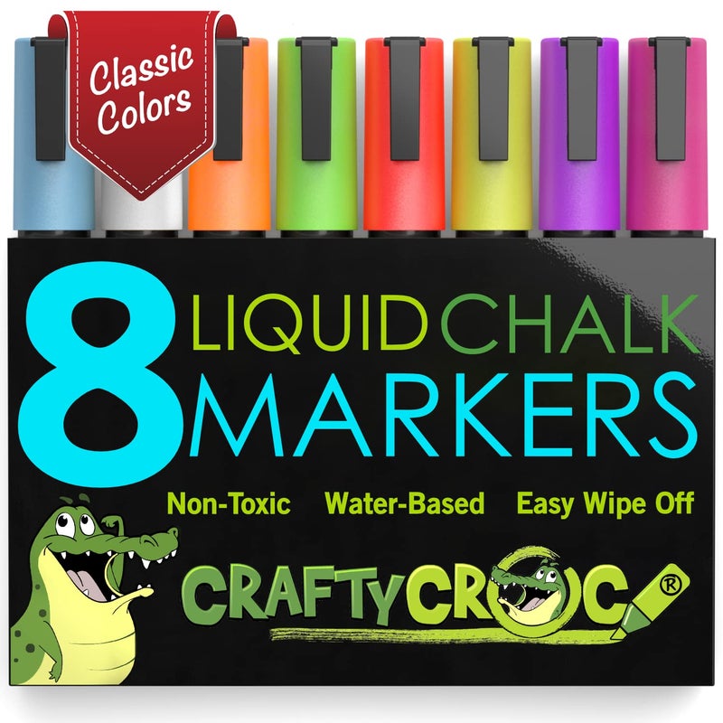 Crafty Croc Liquid Chalk Markers for Blackboards - Use as Glass Window Markers, Mirror Pens, Blackboard or Chalkboard Markers - 8 Bold Neon Colors - Wet or Dry Erase Chalk Pens for Easy Clean Up - Image 1