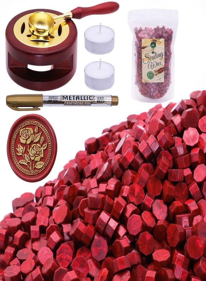 SWANGSA Sealing Wax Kit, 1450pcs Sealing Wax Beads Metallic Red, Wax Seal Warmer, Wax Spoon, Gold Wax Seal Pen and Tealight Candles for Wax Stamp Letter Sealing - Image 1