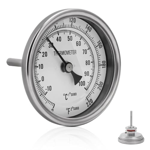Ferroday 3" Dial 2" Probe FERRODAY 1/2 NPT Stainless Steel Dial Thermometer 1/2 NPT Homebrew Kettle Thermometer Weldless w/O-Rings 0-220ºF Kettle Stainless Steel Brew Pot Thermometer - Image 1