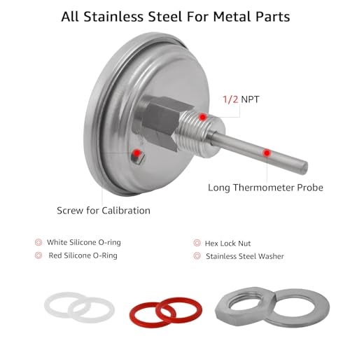Ferroday 3" Dial 2" Probe FERRODAY 1/2 NPT Stainless Steel Dial Thermometer 1/2 NPT Homebrew Kettle Thermometer Weldless w/O-Rings 0-220ºF Kettle Stainless Steel Brew Pot Thermometer - Image 3