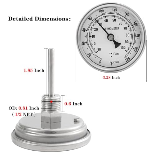 Ferroday 3" Dial 2" Probe FERRODAY 1/2 NPT Stainless Steel Dial Thermometer 1/2 NPT Homebrew Kettle Thermometer Weldless w/O-Rings 0-220ºF Kettle Stainless Steel Brew Pot Thermometer - Image 4