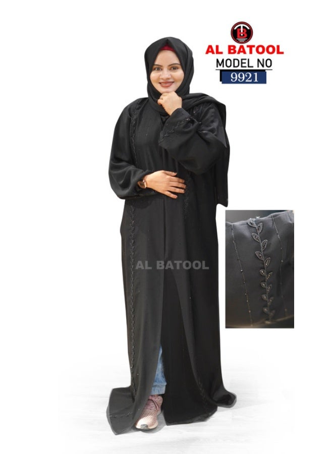 Al Batool Arabian One Button Abaya of Premium Korian Nida Fabric, Straight Cut with Elegant Stitch Detailing, Leaf Embroidery, Black