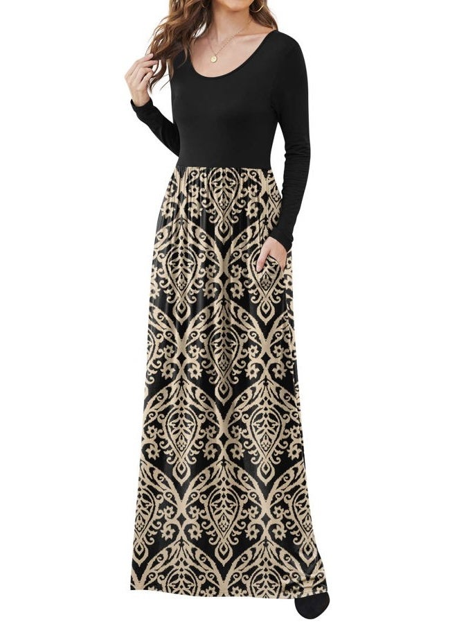 DB MOON Women Casual Long Sleeve Maxi Dresses Empire Waist Long Dress with Pockets Black and Gold M, Black and Gold, M - Image 2