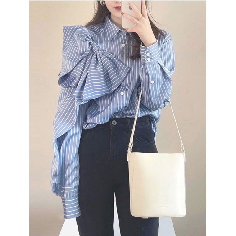 Striped Bow Tie Navy Shirt for Women Spring 2024 Stripes
