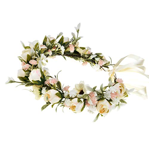 Floral Fall Camellia Flower Crown Rose Headpiece Wedding Bridal Flower Girl Halo Maternity Photo Props FL-03 (Ivory Flower withBabysbreath) - Image 2