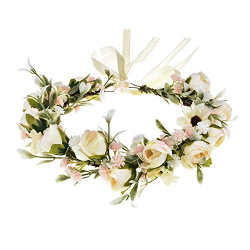 Floral Fall Camellia Flower Crown Rose Headpiece Wedding Bridal Flower Girl Halo Maternity Photo Props FL-03 (Ivory Flower withBabysbreath) - Image 1