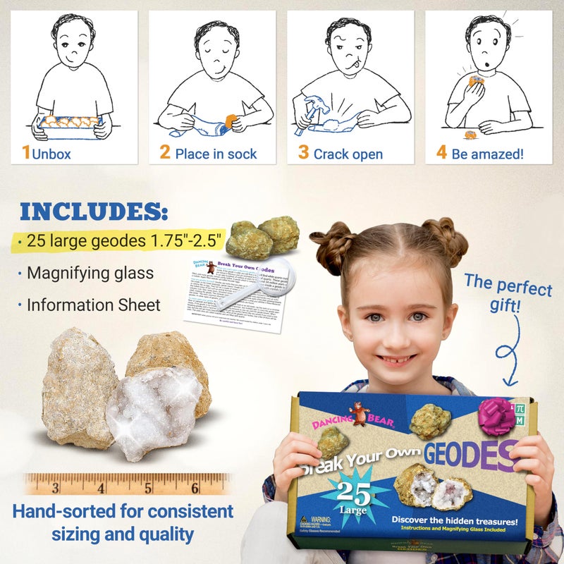 DANCING BEAR 25 Break Your Own Geodes 90 Hollow Large 17525 Crack Open  Discover Amazing Surprise Crystals Inside Educational Info and Instructions Included Fun Party Favors  Prizes - Image 3