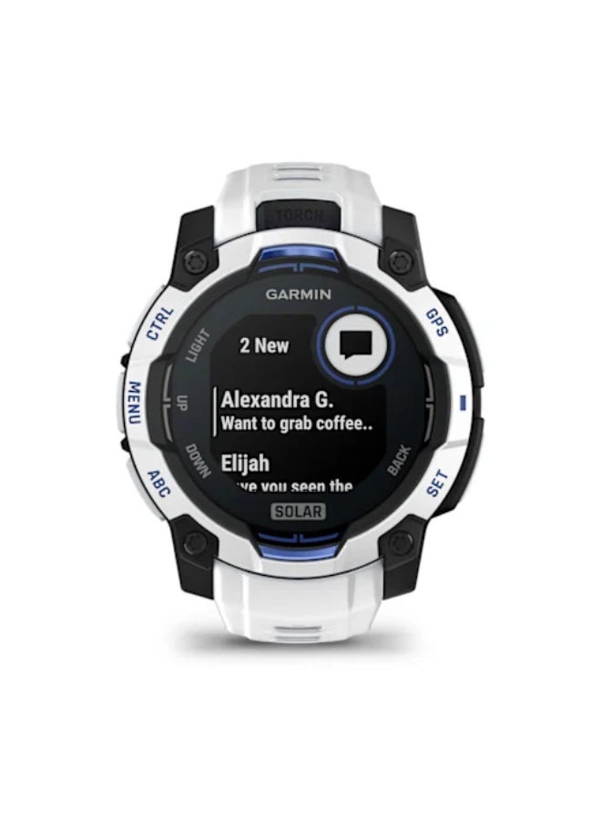 GARMIN Instinct 3 – 45 mm, Whitestone with Whitestone/Bolt Blue Band | Solar Smartwatch with Unlimited Battery Life | Rugged Design, Built-in Flaslight, Smart Notification Whitestone - Image 5