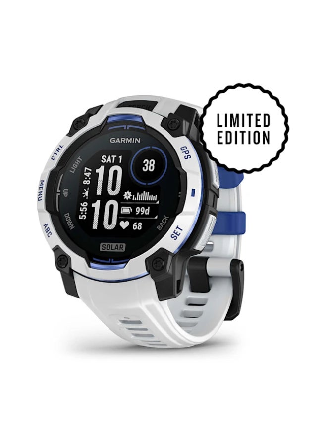 GARMIN Instinct 3 – 45 mm, Whitestone with Whitestone/Bolt Blue Band | Solar Smartwatch with Unlimited Battery Life | Rugged Design, Built-in Flaslight, Smart Notification Whitestone - Image 1