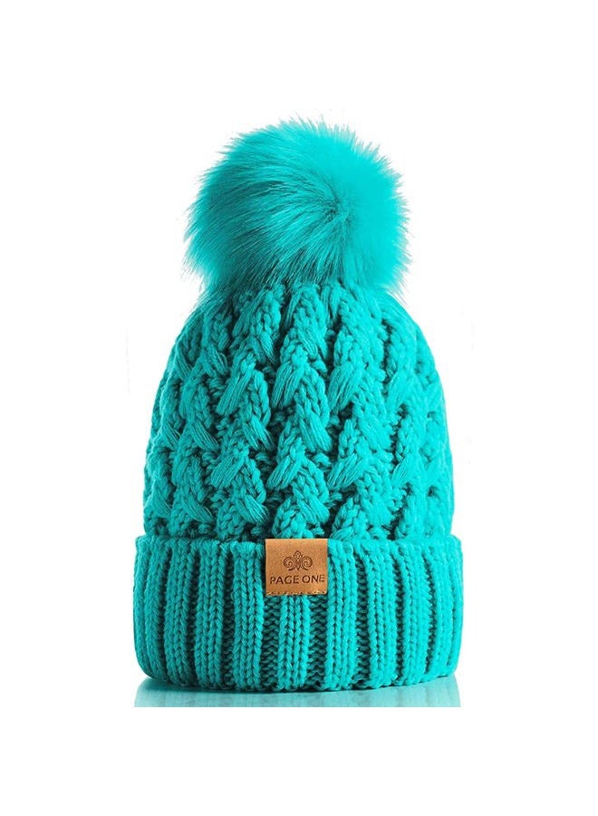 PAGE ONE Womens Winter Ribbed Beanie Crossed Cap Chunky Cable Knit Pompom Soft Warm Hat, Green, One size - Image 1