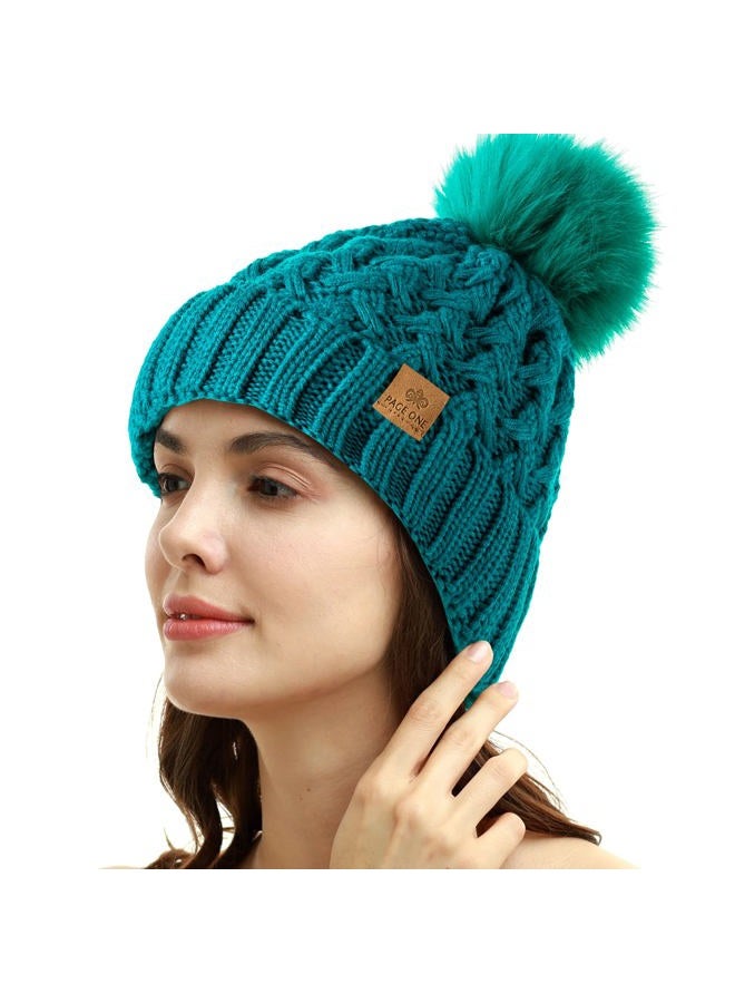 PAGE ONE Womens Winter Ribbed Beanie Crossed Cap Chunky Cable Knit Pompom Soft Warm Hat, Green, One size - Image 2