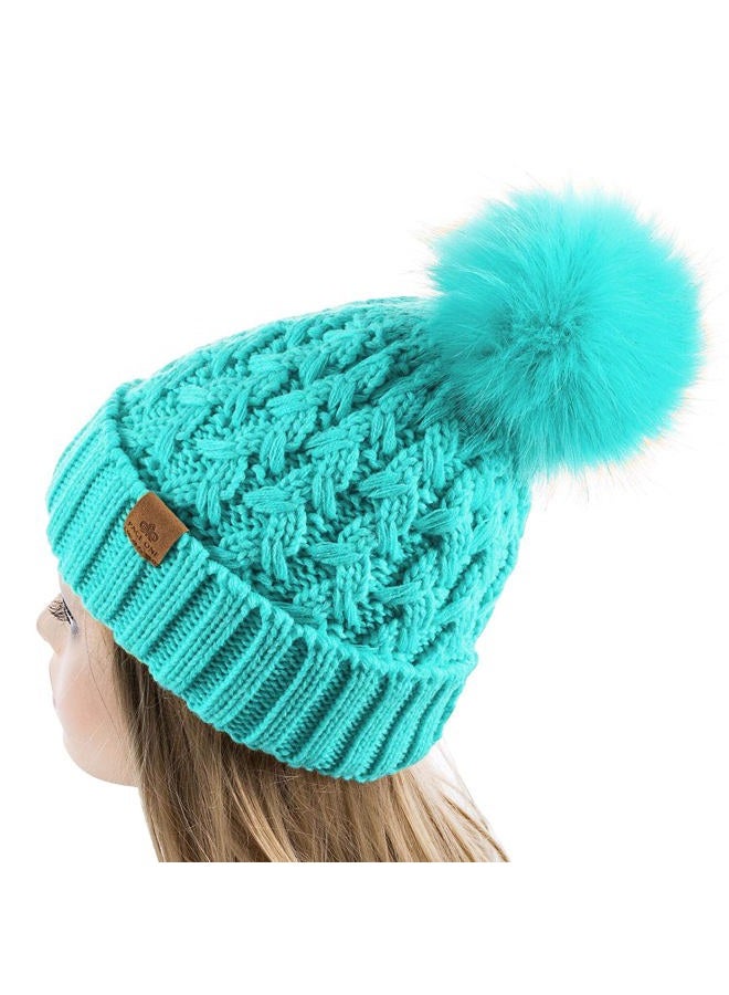 PAGE ONE Womens Winter Ribbed Beanie Crossed Cap Chunky Cable Knit Pompom Soft Warm Hat, Green, One size - Image 3