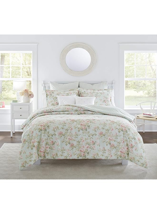 LAURA ASHLEY Home Queen Comforter Set Reversible Cotton Bedding Includes Matching Shams With Bonus Euro Shams And Throw Pillows Madelynn Pastel Blue Queen - Image 1