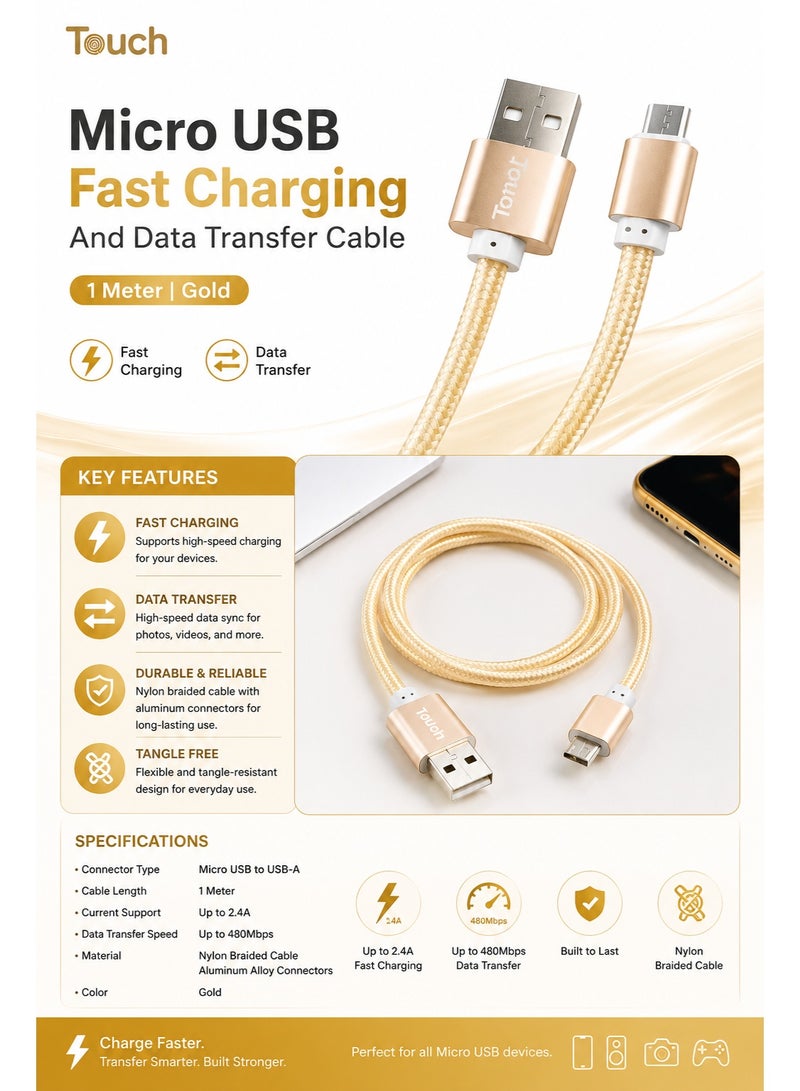Touch Micro USB Fast Charging And Data Transfer Cable 1 Meter Gold - Image 2